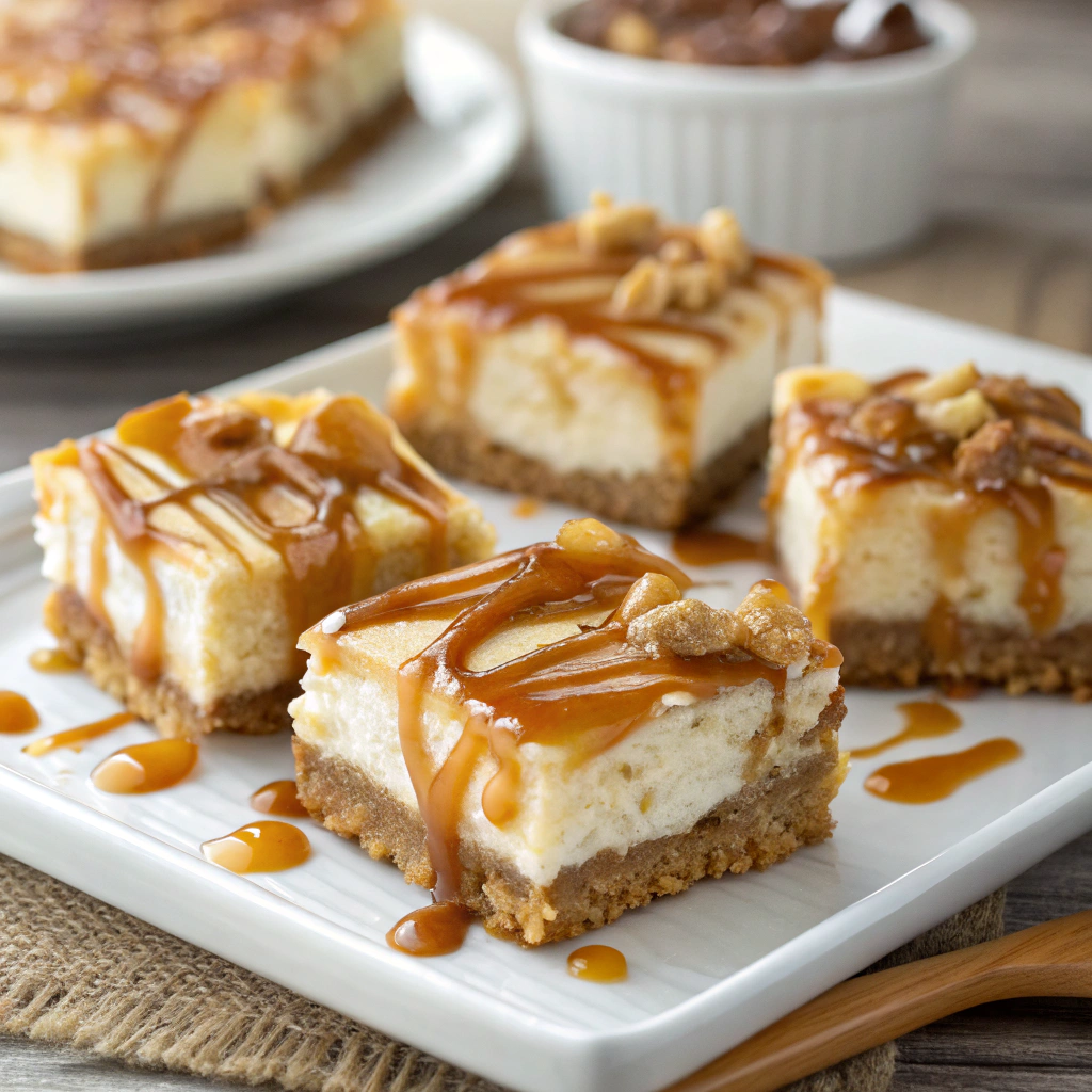 Decadent caramel apple cheesecake bars drizzled with caramel sauce.