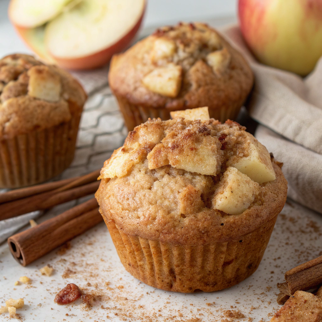 Fluffy apple cinnamon muffins with chunks of apple and a sprinkle of cinnamon.