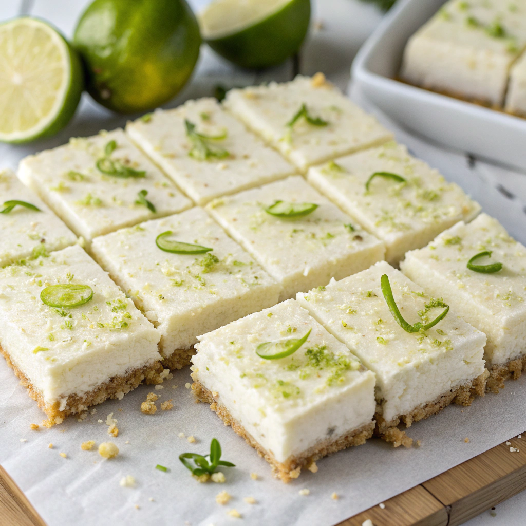 No-bake coconut lime bars cut into squares and garnished with lime zest