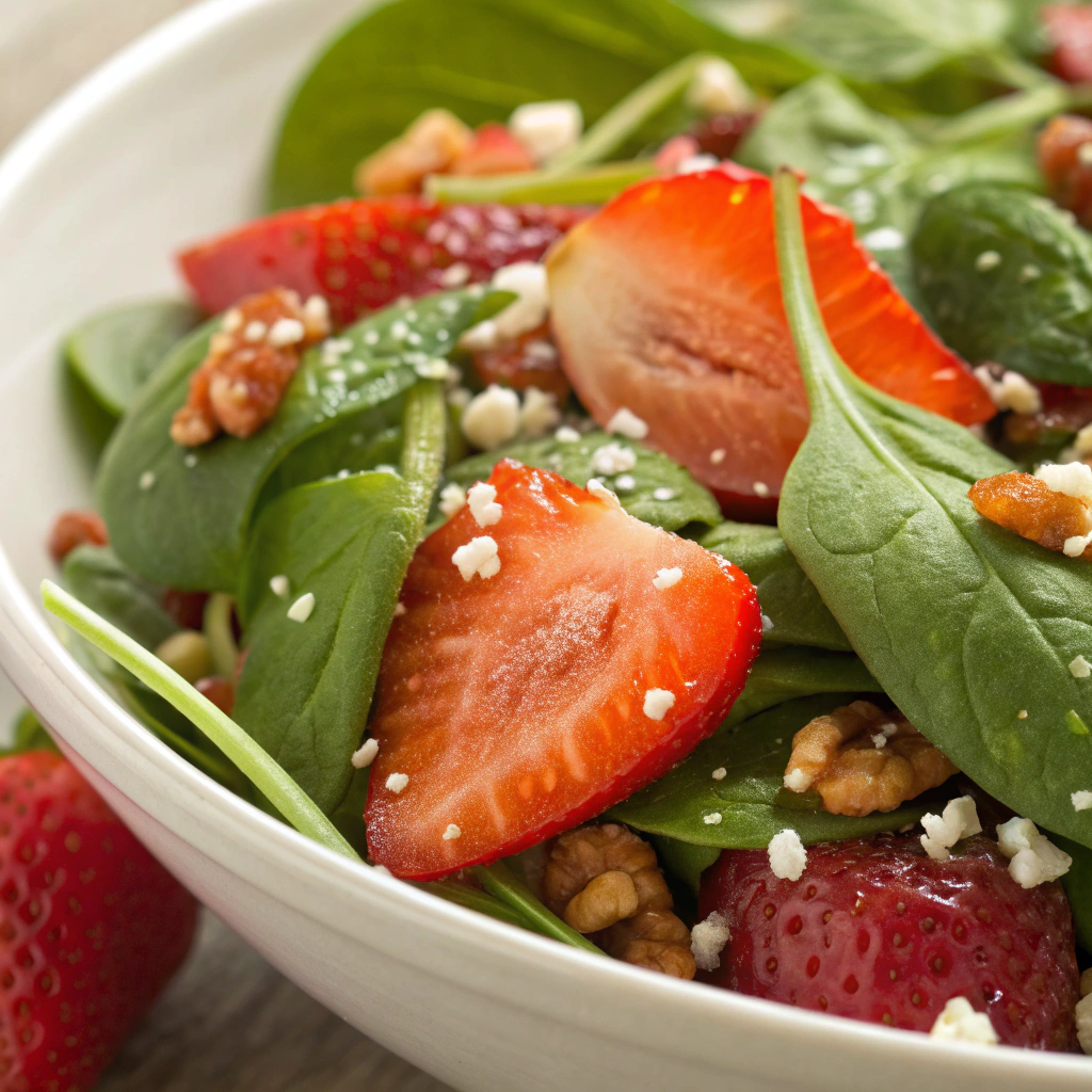 A fresh strawberry spinach salad with crumbled goat cheese and poppy seed dressing.