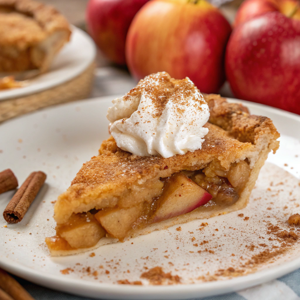Close-up of a slice of Classic Apple Pie showcasing the flaky crust and apple filling