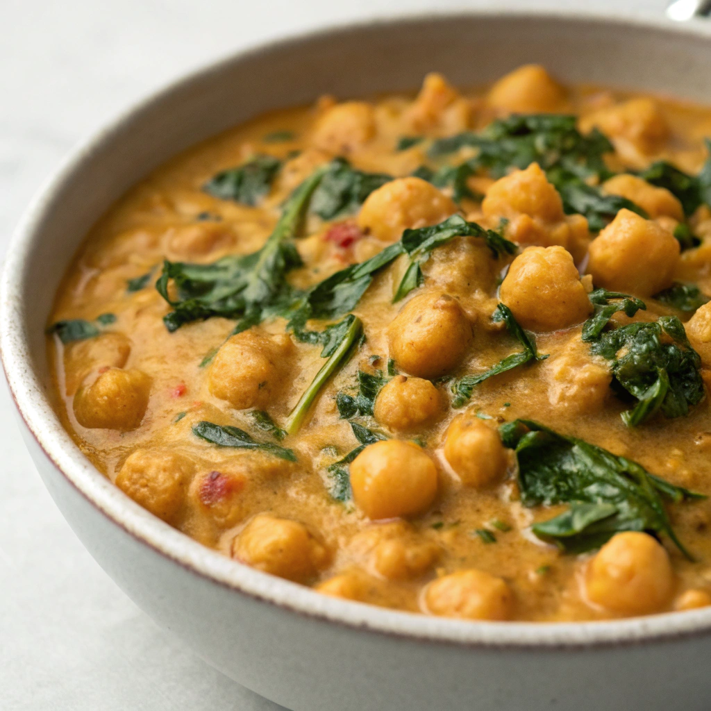 Creamy chickpea curry with spinach served in a bowl. (Vegan Dinners)