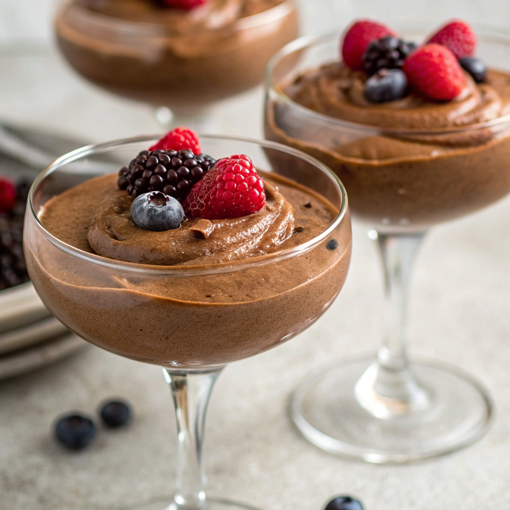 Creamy chocolate avocado mousse served in elegant glasses, topped with fresh berries.