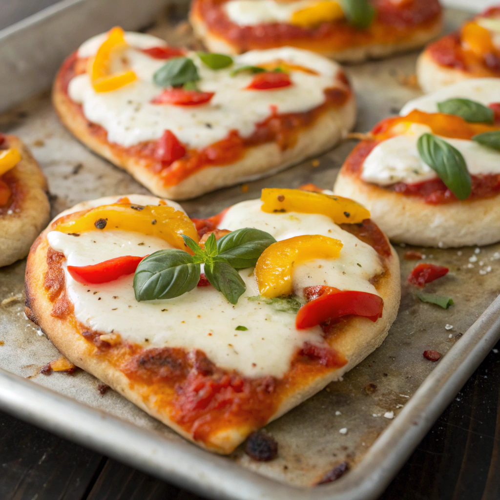 Heart-shaped mini pizzas topped with mozzarella cheese, colorful bell peppers, and fresh basil.Valentine’s Day-ready recipes?