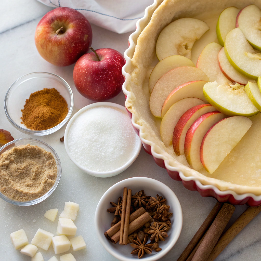 Ingredients for Classic Apple Pie including apples, sugar, spices, and pie crust.