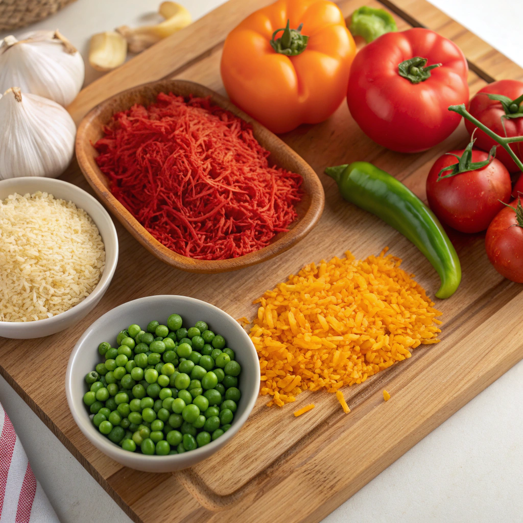 An array of key ingredients used in iconic Spanish rice recipes.