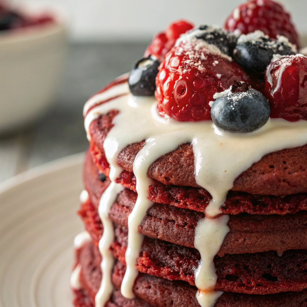 Stacked red velvet pancakes drizzled with cream cheese glaze and topped with fresh berries.