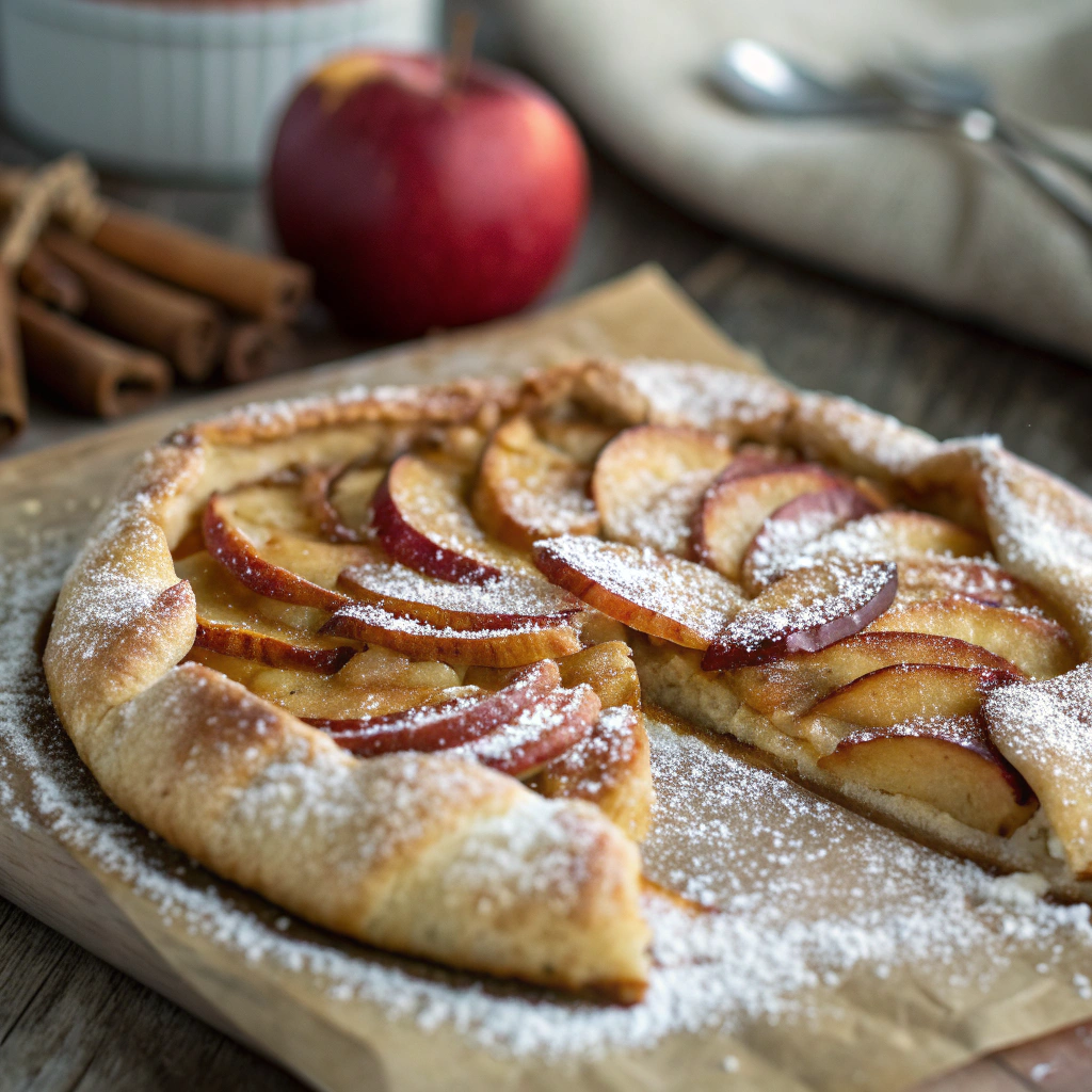 Rustic apple galette with sliced apples and a flaky pastry crust.Apple Desserts