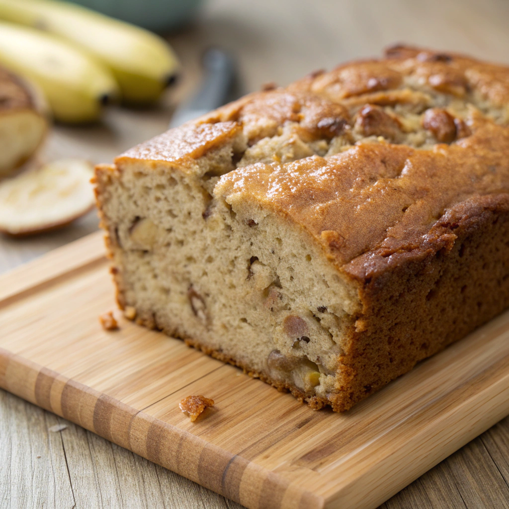 Slice of moist vegan banana bread on a wooden cutting board.