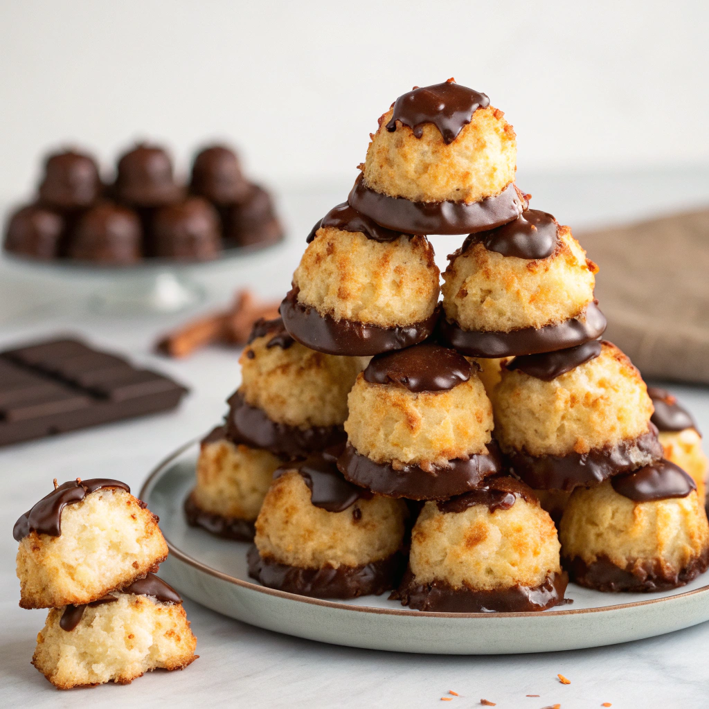 Coconut macaroons stacked with a chocolate dip.