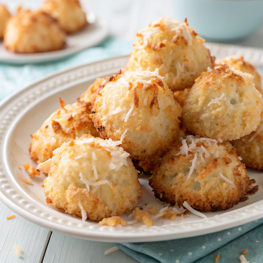 Golden-brown baked coconut macaroons on a baking sheet