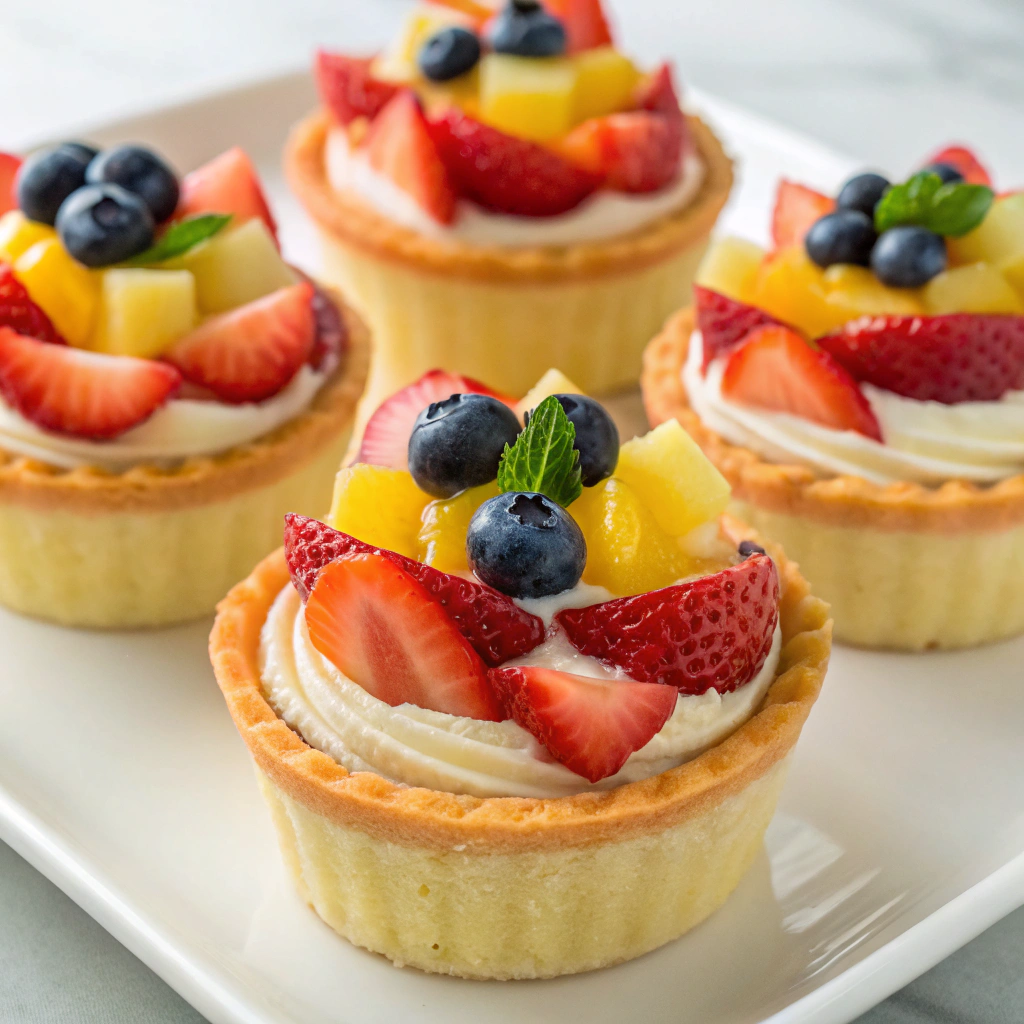 Colorful fruit tart dessert cups filled with pastry cream and topped with fresh fruits.