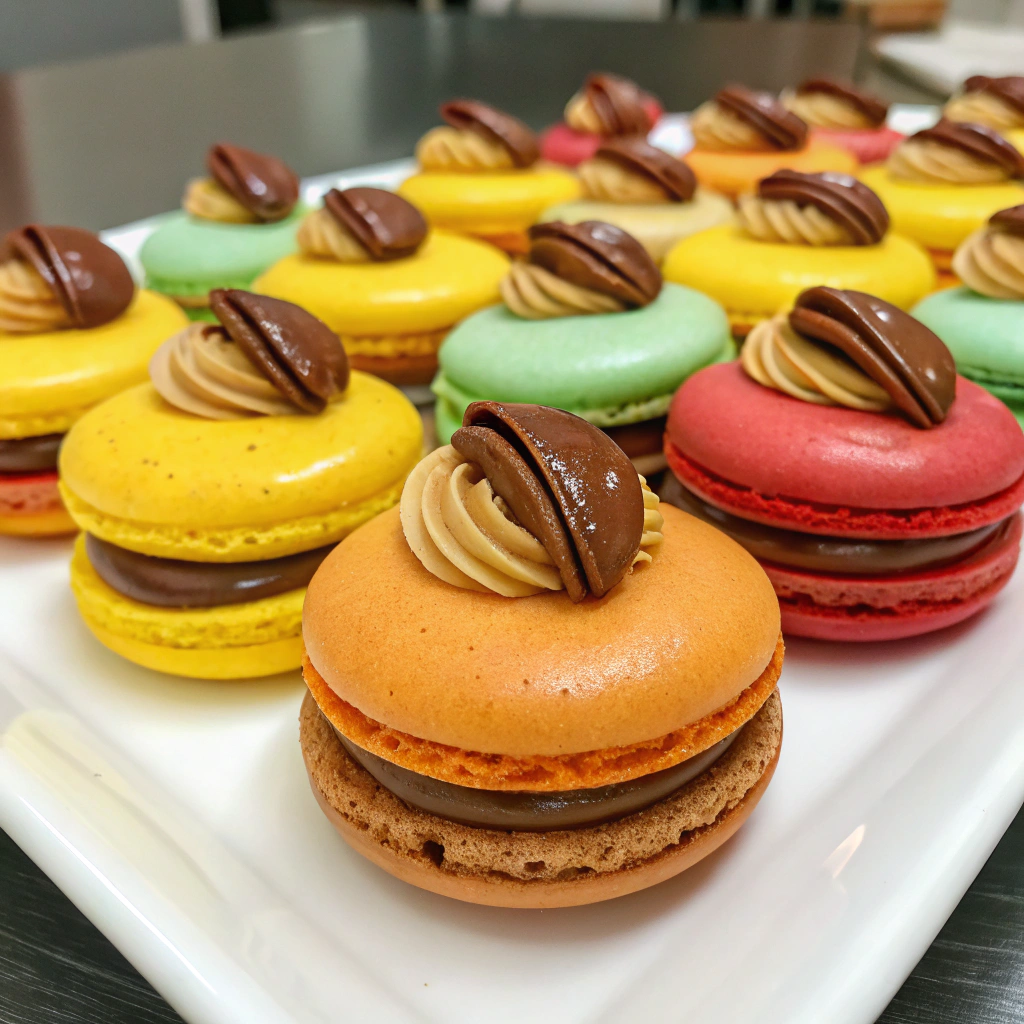 Colorful salted caramel macarons filled with creamy caramel and chocolate garnish.trendy French dessert recipes