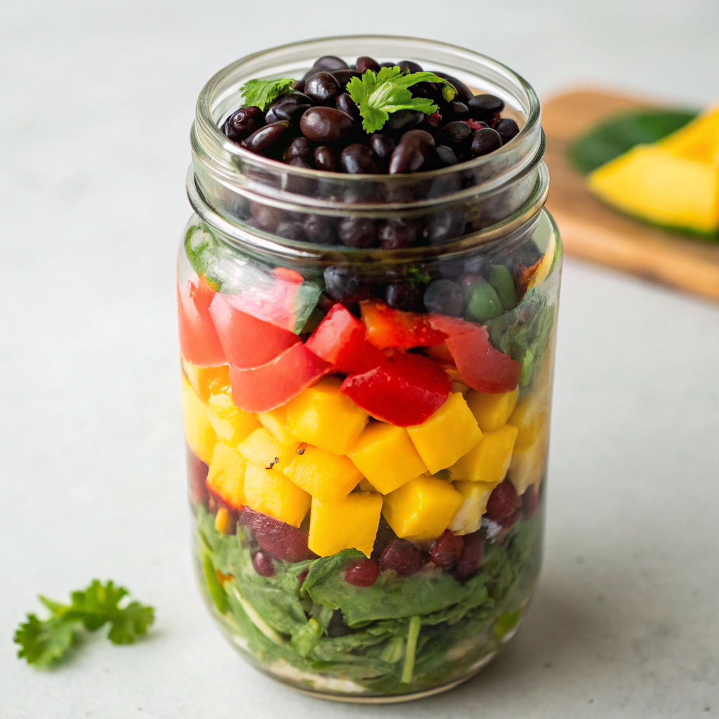 Colorful Tropical Mango Black Bean Salad Jar with black beans, diced mango, red bell pepper, and mixed greens.