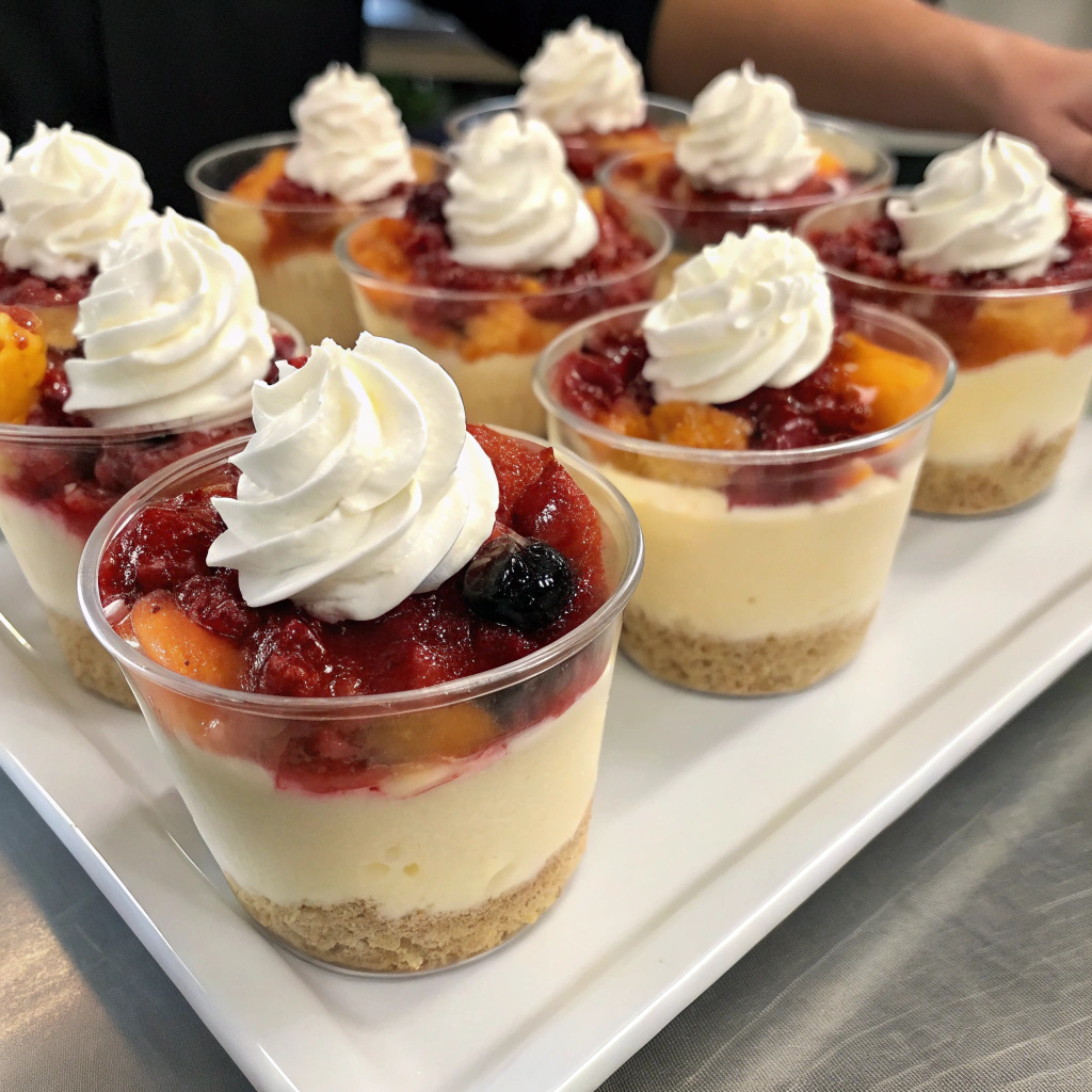 Creamy cheesecake dessert cups topped with fruit compote and whipped cream.