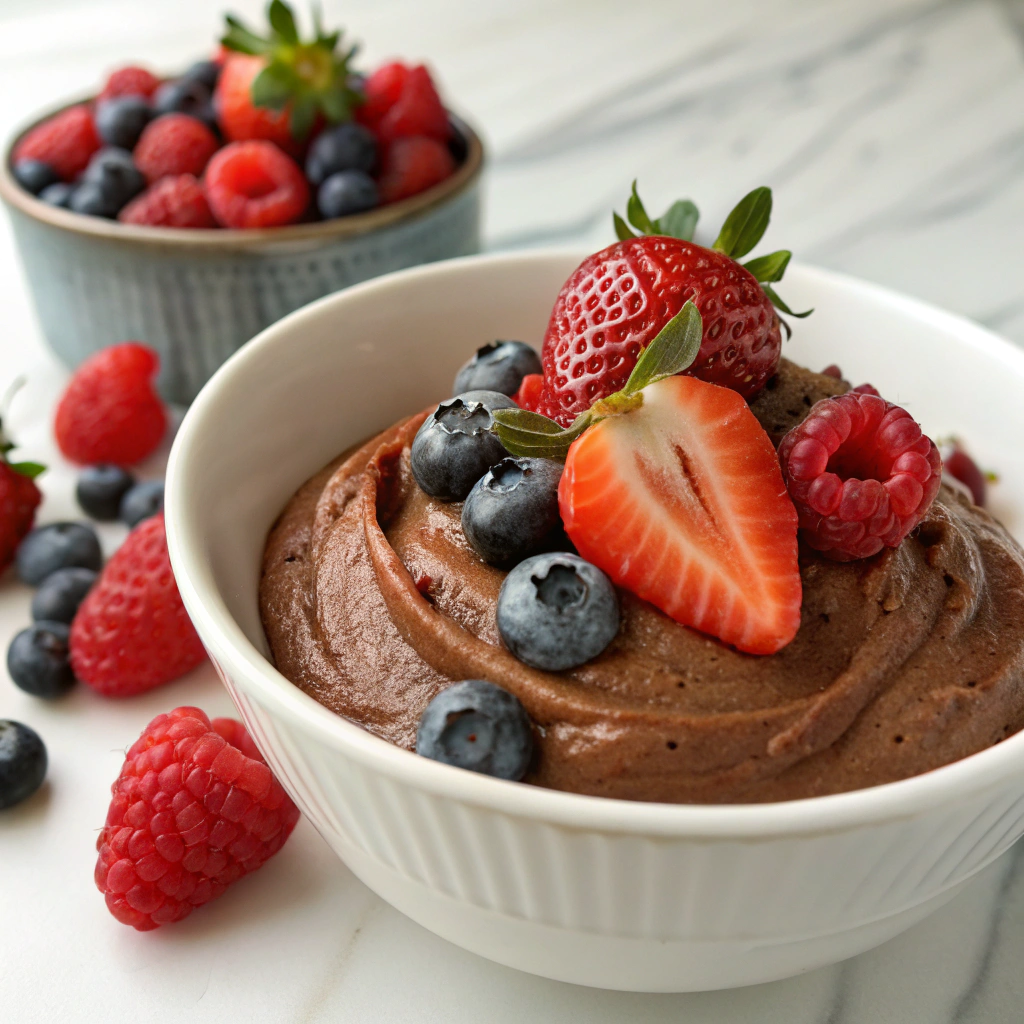 Creamy chocolate avocado mousse topped with fresh berries.Vegan Desserts