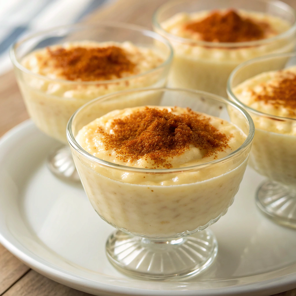 Creamy rice pudding served in dessert cups, sprinkled with cinnamon.