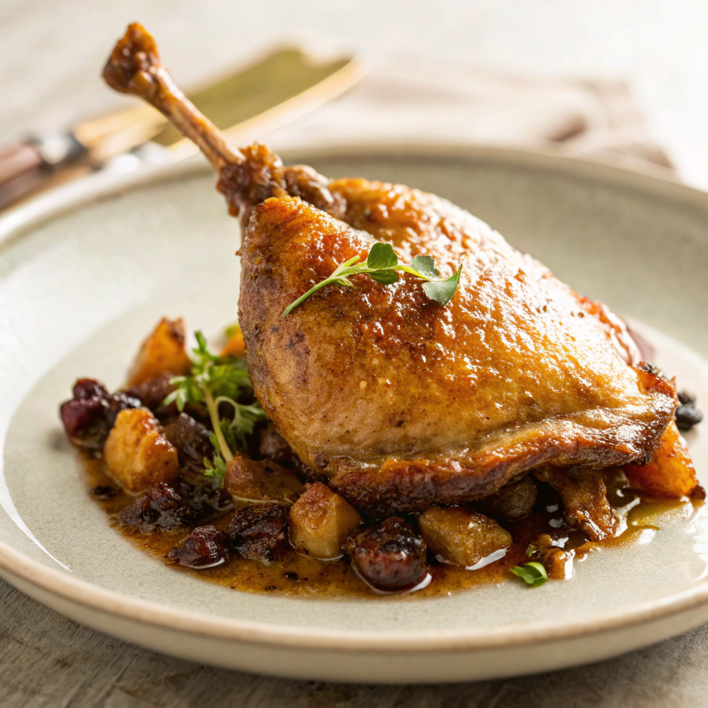 Crispy Duck Confit served on a plate, featuring perfectly golden skin and succulent meat.Dinner French Recipes