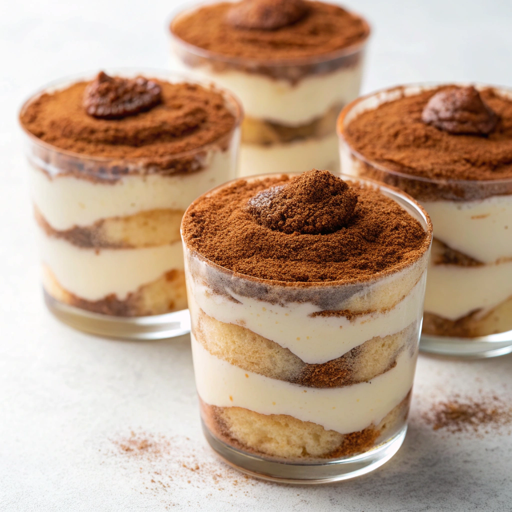Classic tiramisu layered in dessert cups with cocoa powder on top.