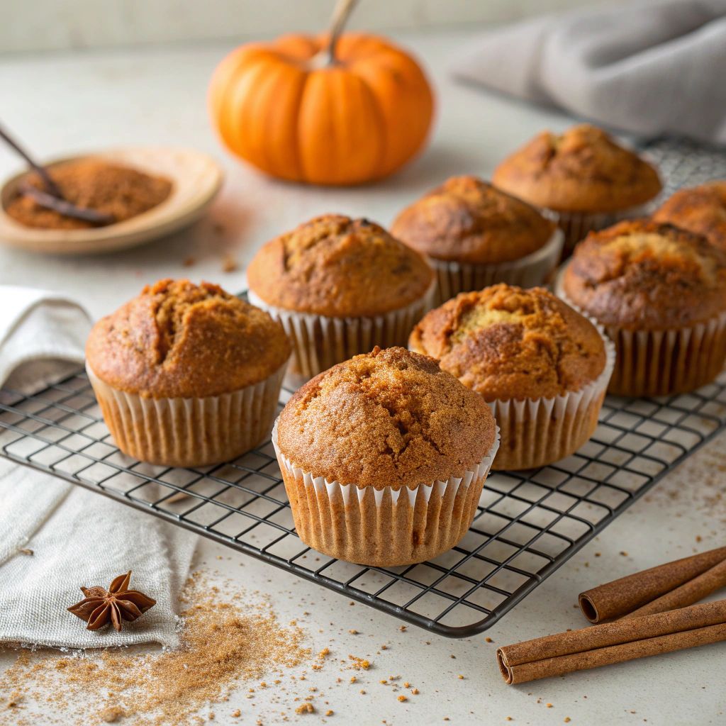 Freshly baked vegan pumpkin spice muffins cooling on a rack