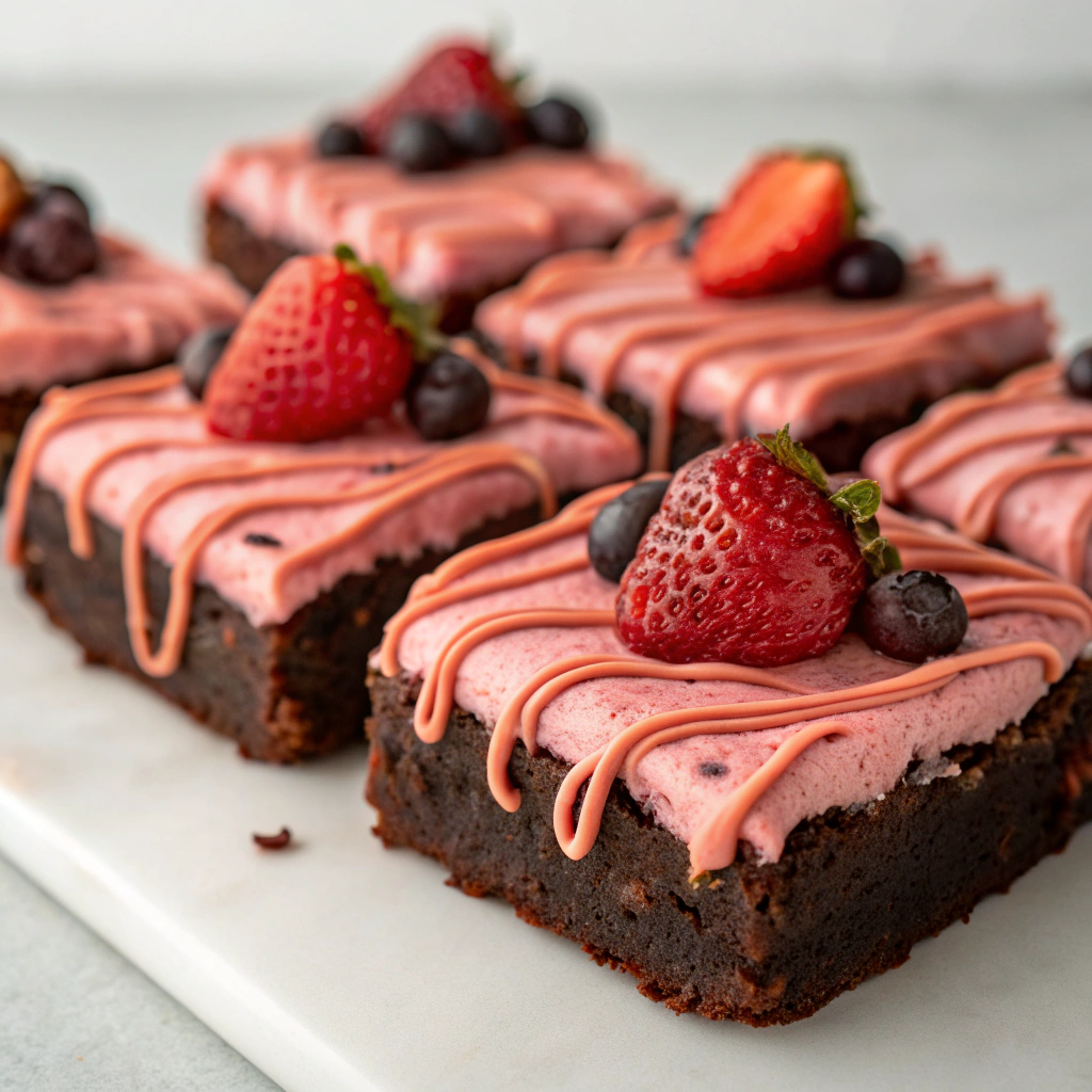 Fudgy brownies topped with strawberry buttercream, pink chocolate drizzle, and fresh berries.