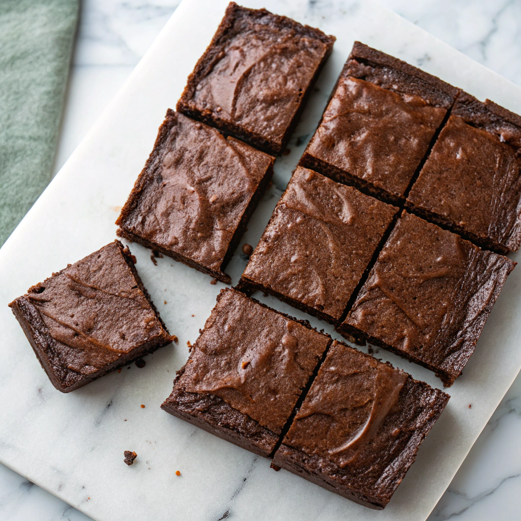 Fudgy vegan chocolate brownies cut into squares on a marble counter.