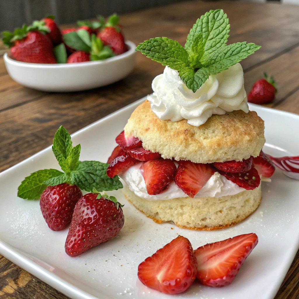 Gluten-free strawberry shortcake served on a plate with garnishes