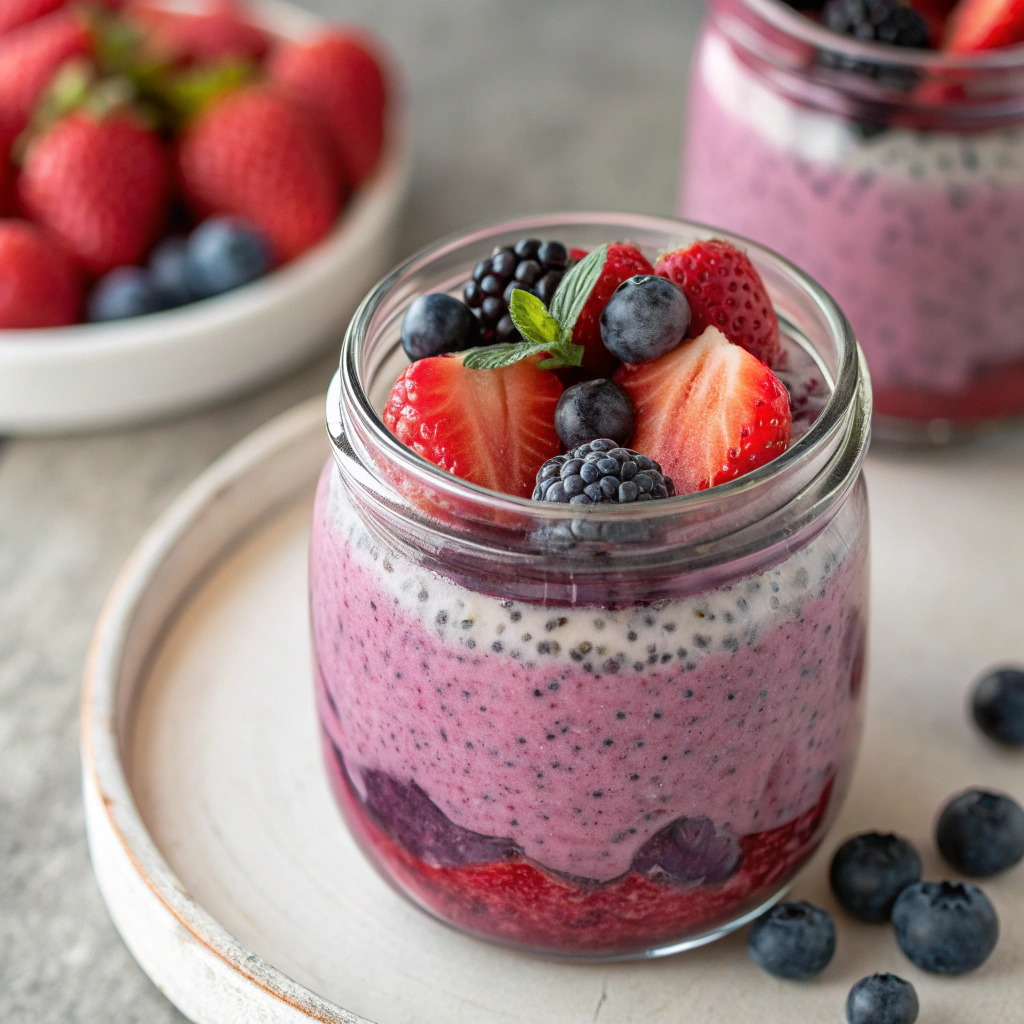 Berry chia pudding topped with fresh berries in a glass jar"