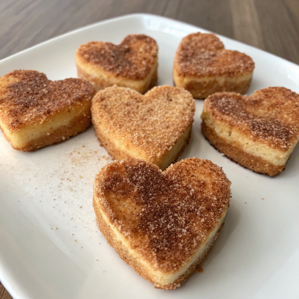 Heart-shaped churro cheesecake bites coated in cinnamon sugar.