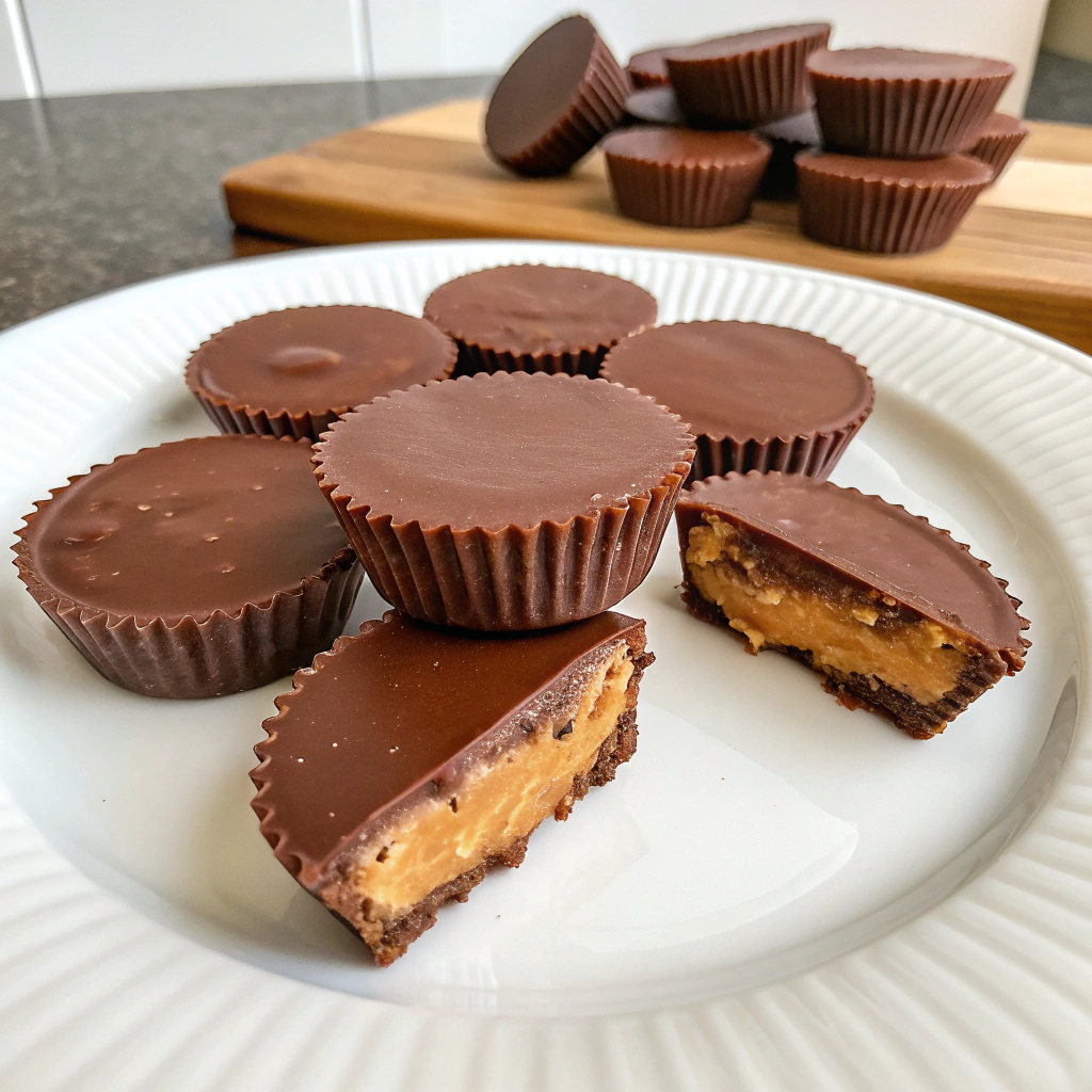 Homemade vegan peanut butter cups on a white plate.