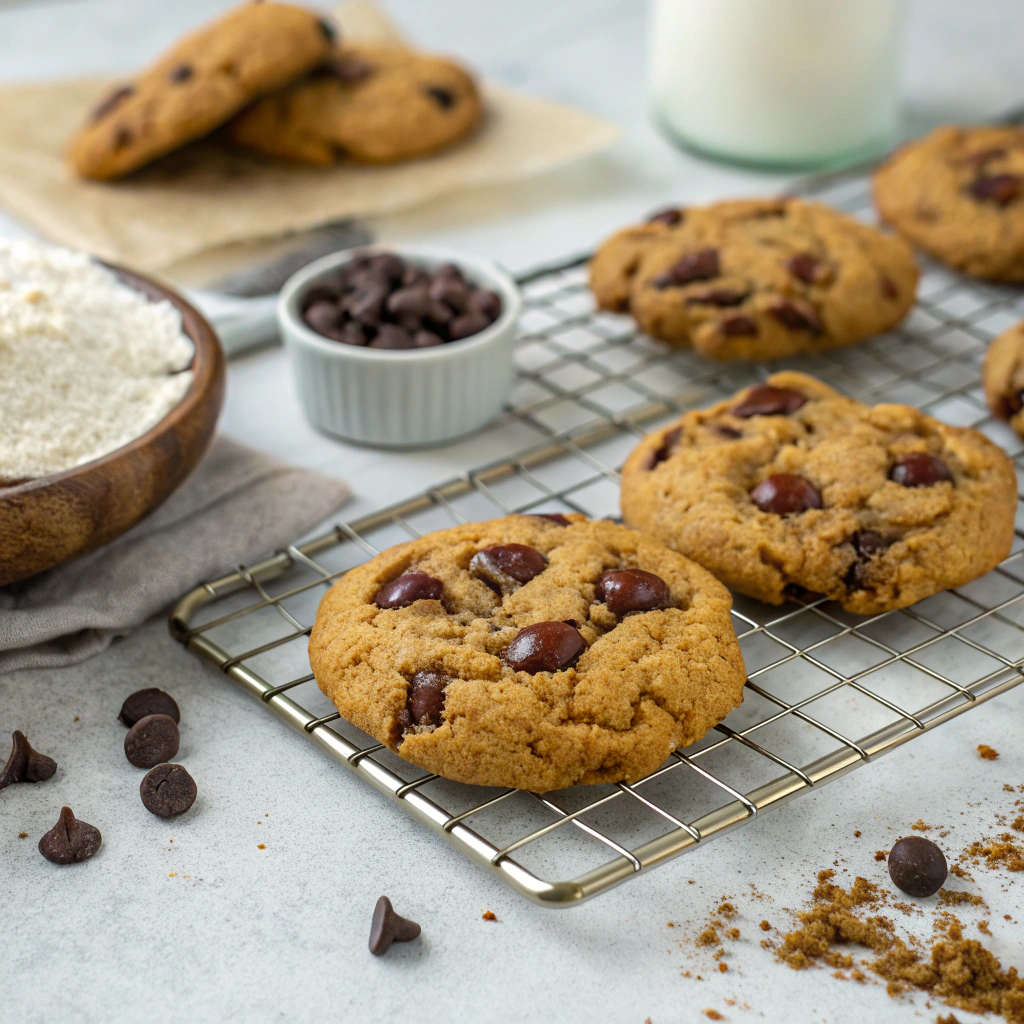 Freshly baked vegan chocolate chip cookies on a cooling rack.