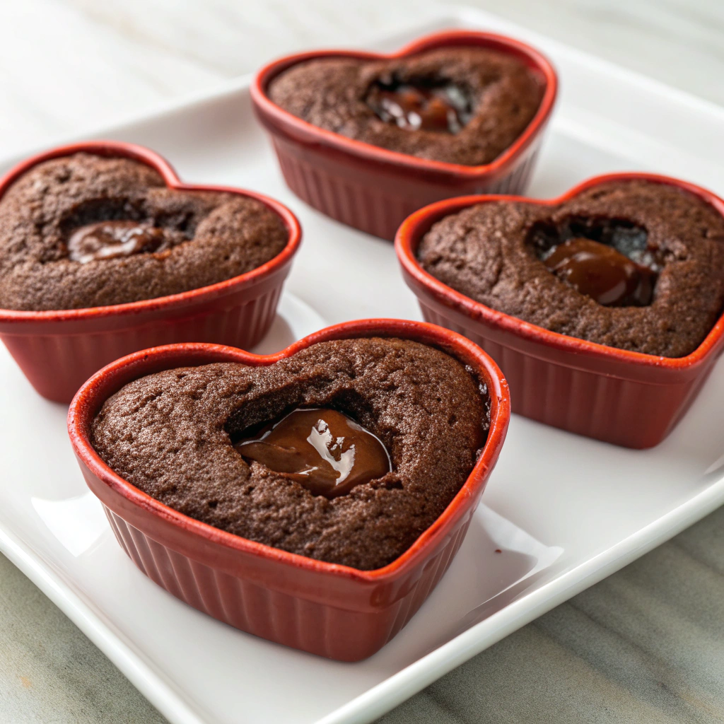 Individual molten lava cakes in heart-shaped molds with gooey Nutella centers.
