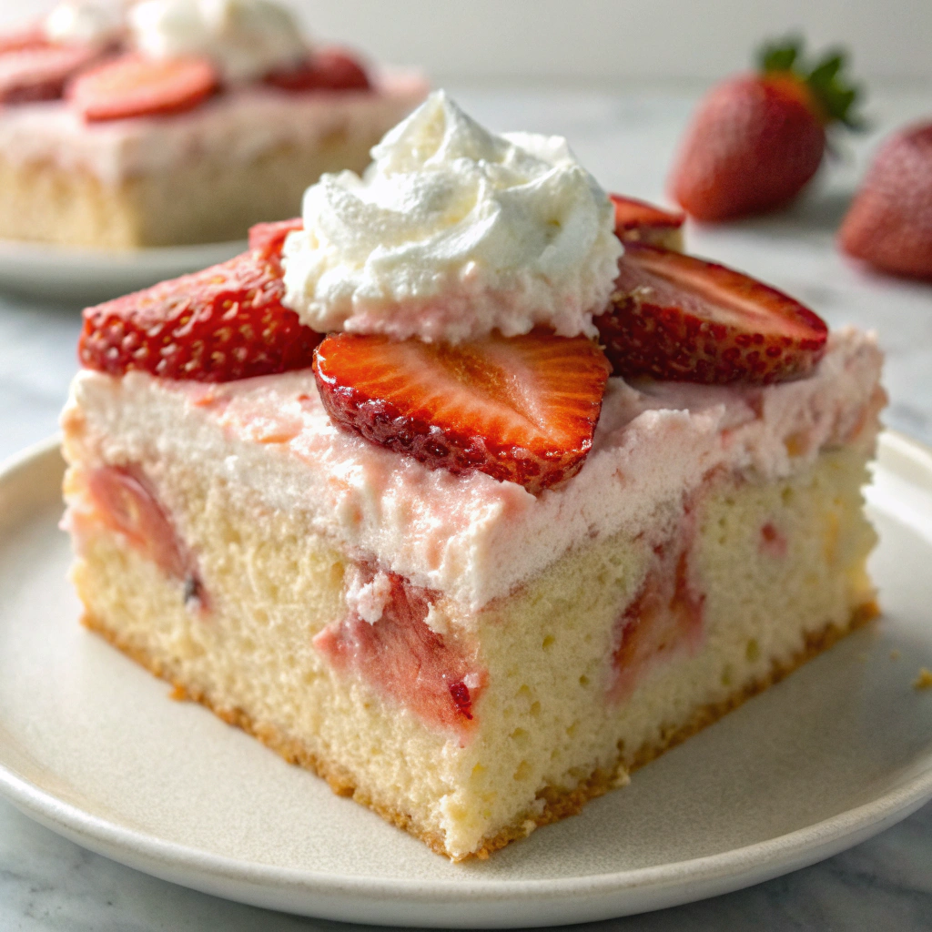 A slice of strawberry milk tres leches cake topped with whipped cream and fresh strawberries.