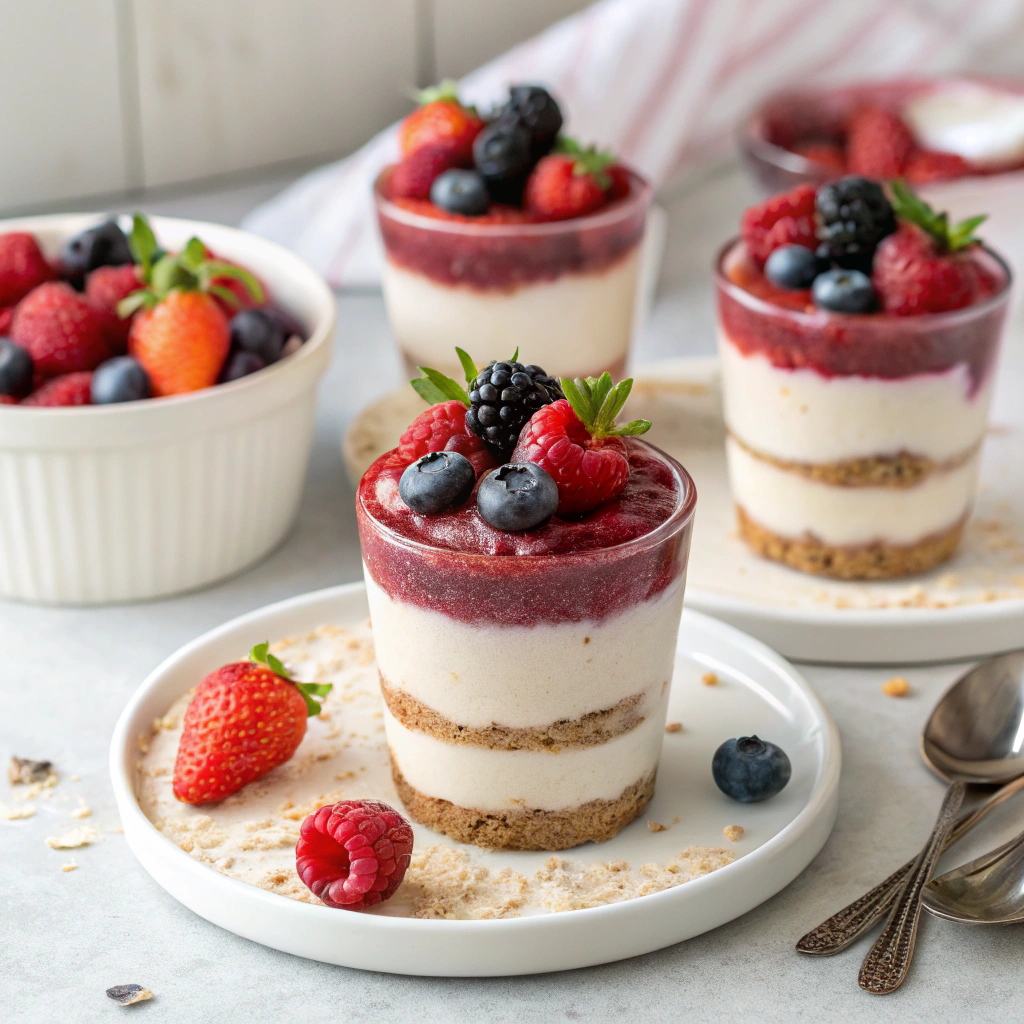 Layered no-bake vegan cheesecake cups topped with fresh berries.no-bake vegan treats