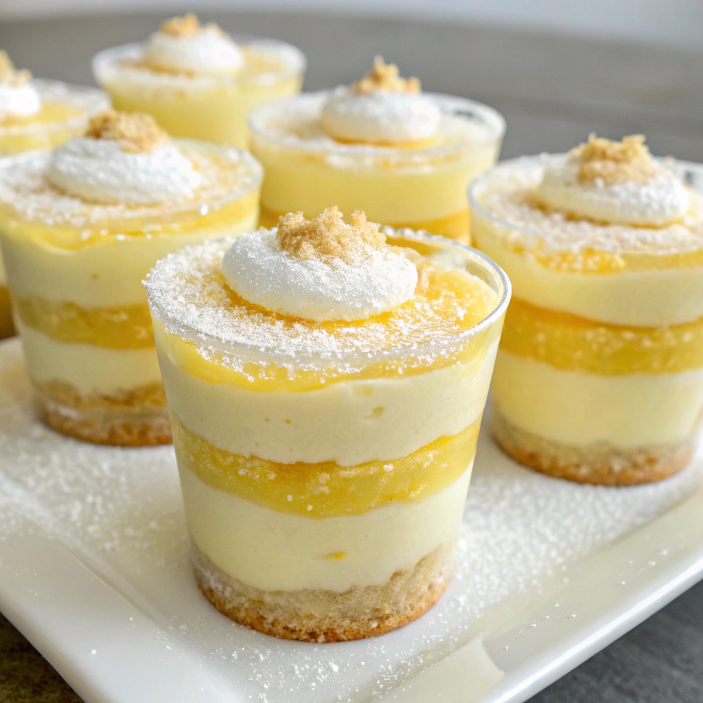 Bright lemon bar dessert cups finished with a dusting of powdered sugar.