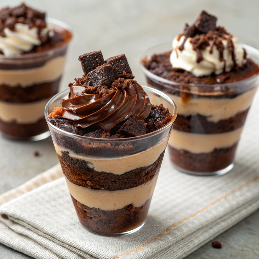 Gooey brownies served in dessert cups topped with chocolate sauce and whipped cream.