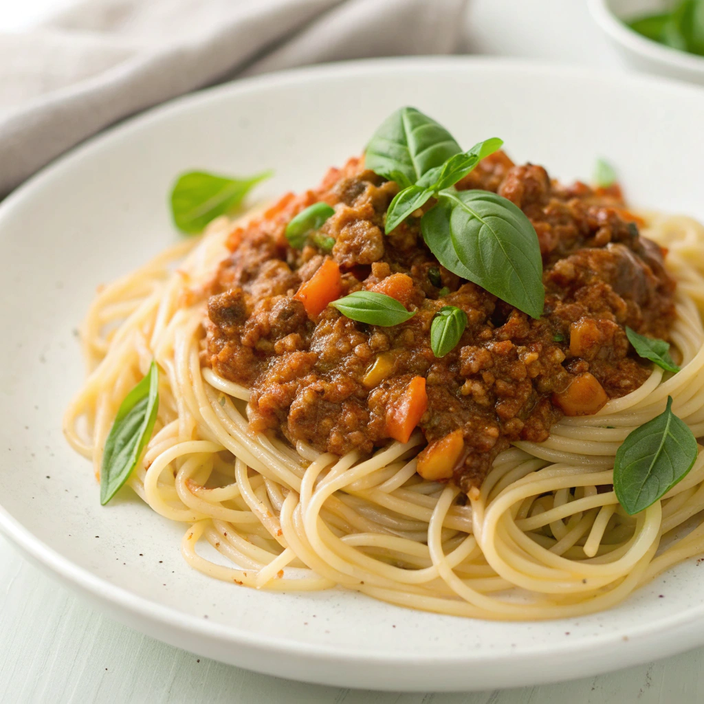 Lentil bolognese sauce served over spaghetti with fresh basil.(Vegan Dinners)