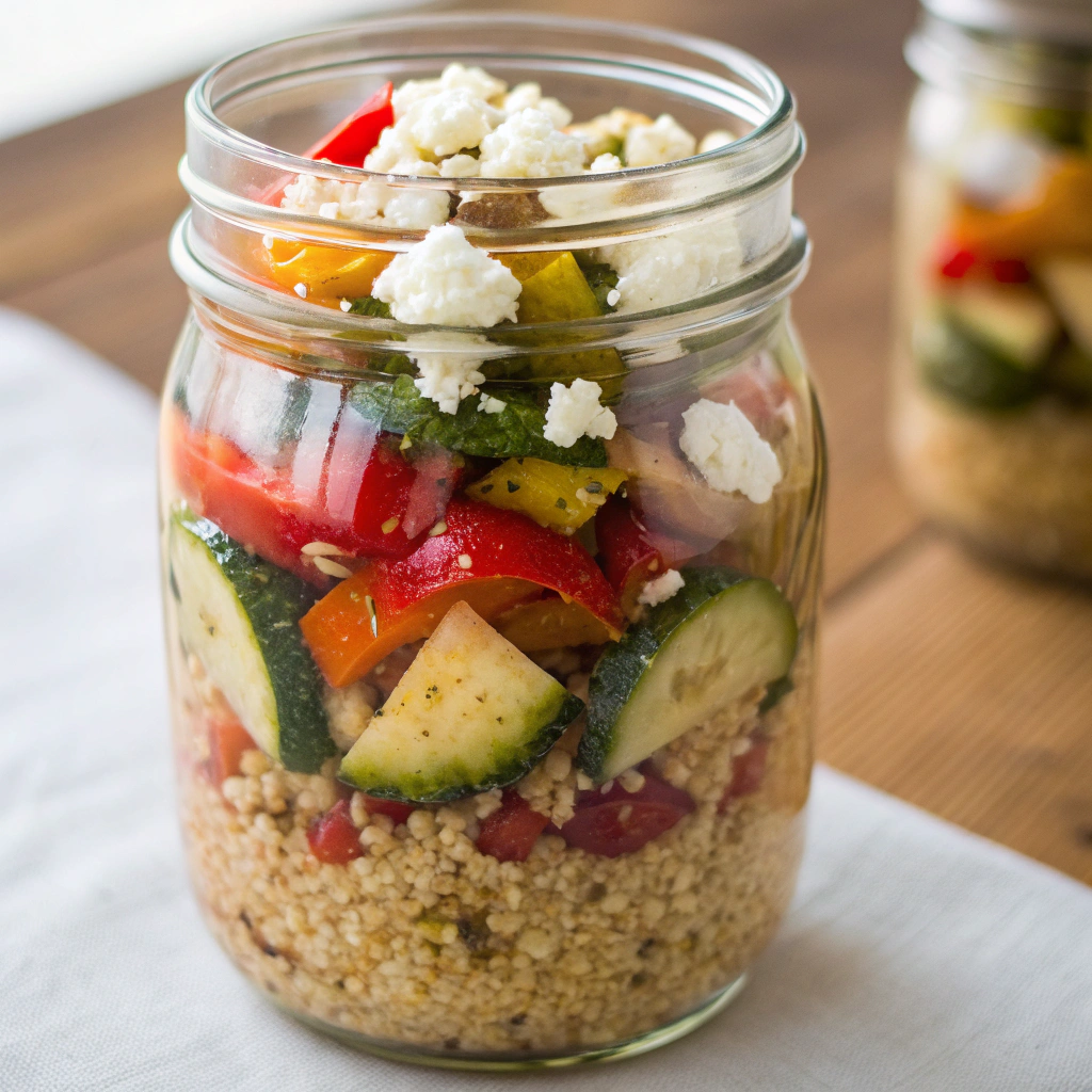 Mediterranean Quinoa & Roasted Veggie Salad Jar featuring quinoa, roasted zucchini, red peppers, and feta cheese.