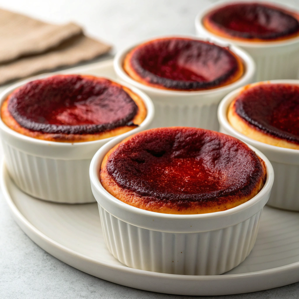 Mini burnt Basque cheesecakes with a red velvet twist baked in small ramekins.