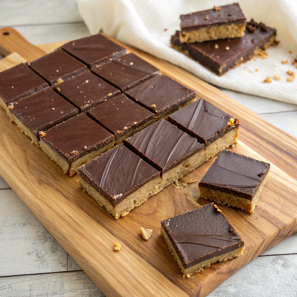 No-bake chocolate peanut butter bars cut into squares on a wooden cutting board.no-bake vegan treats