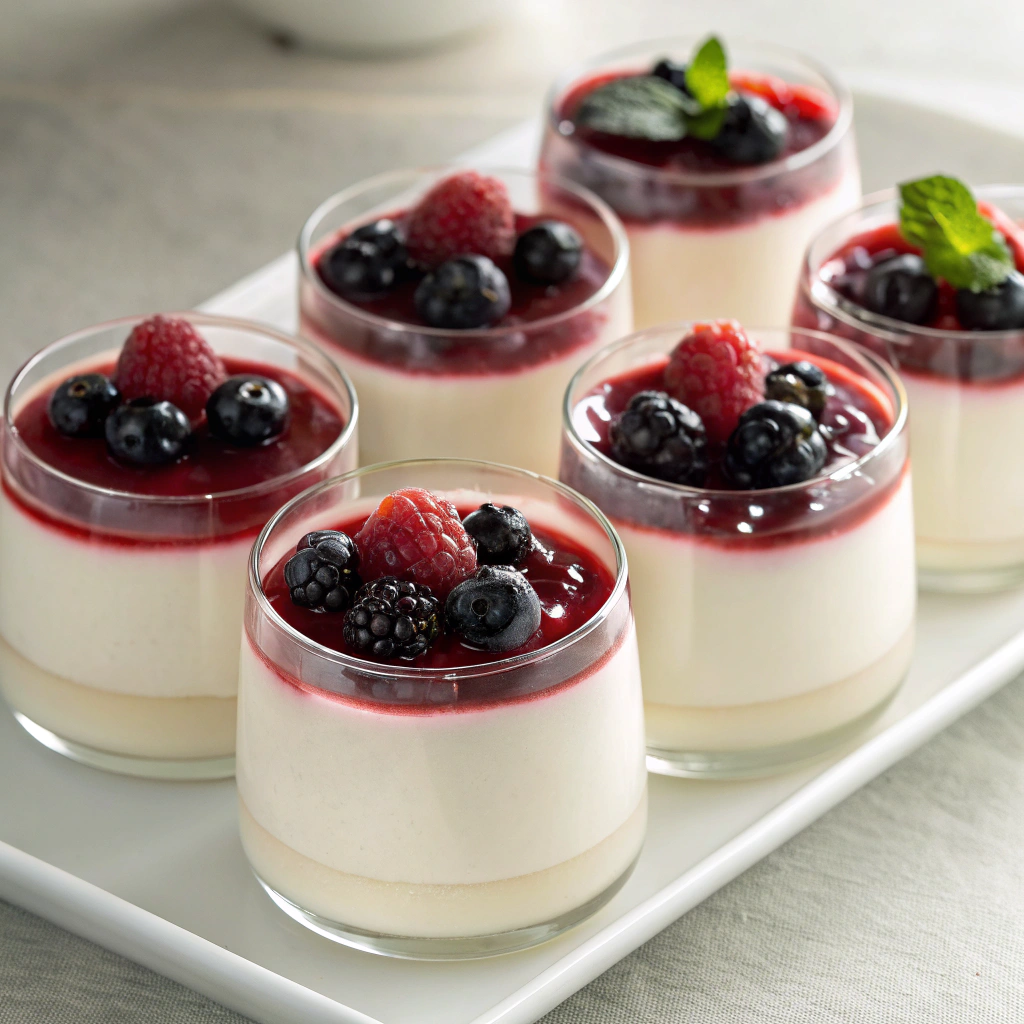 Smooth panna cotta dessert cups garnished with fresh berries and mint leaves.