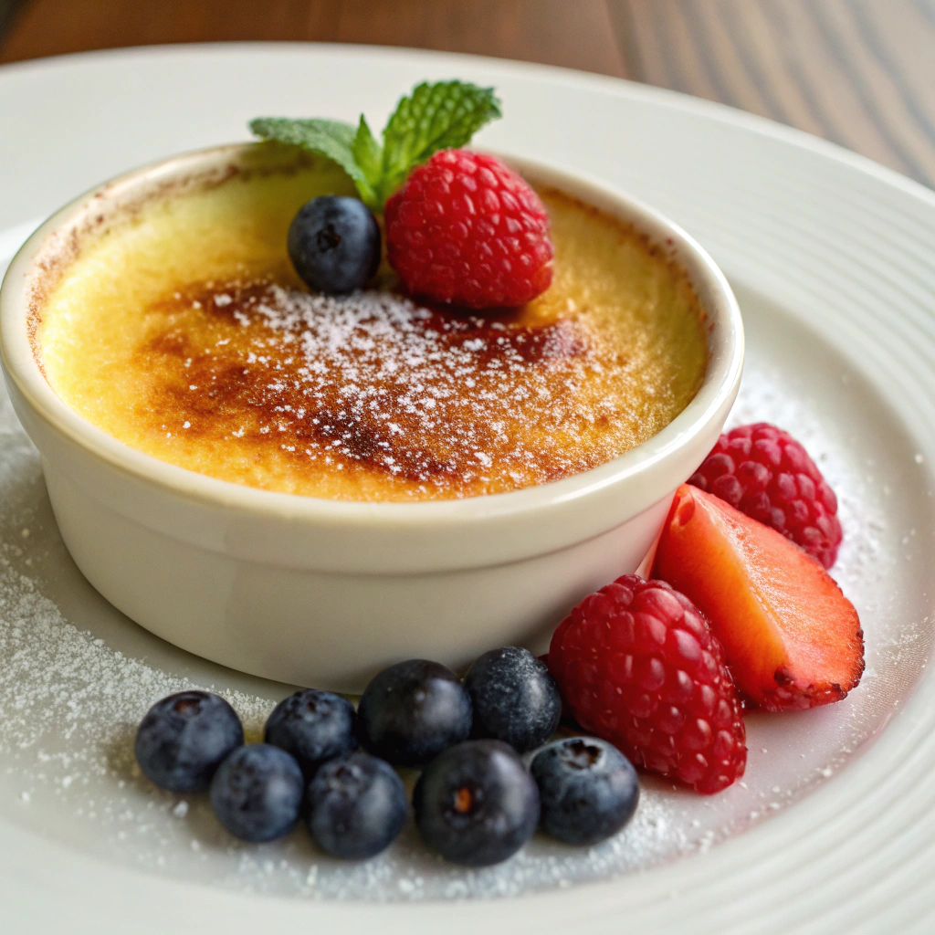 Warm zabaione served in a small dish with fresh berries
