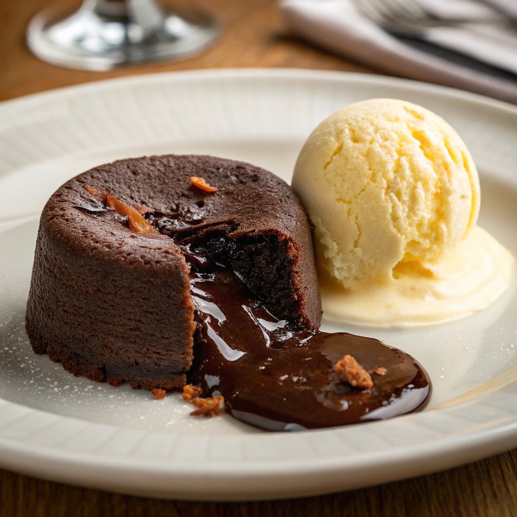 Rich chocolate fondant cake with a molten core, served with ice cream.trendy French dessert recipes