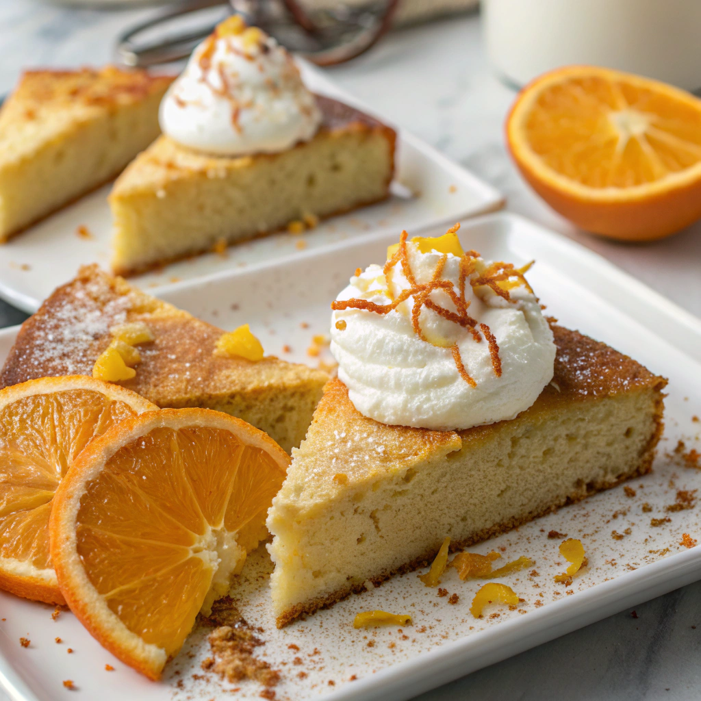 Served slices of Breakfast Orange Olive Oil Cake with whipped cream and orange slices.