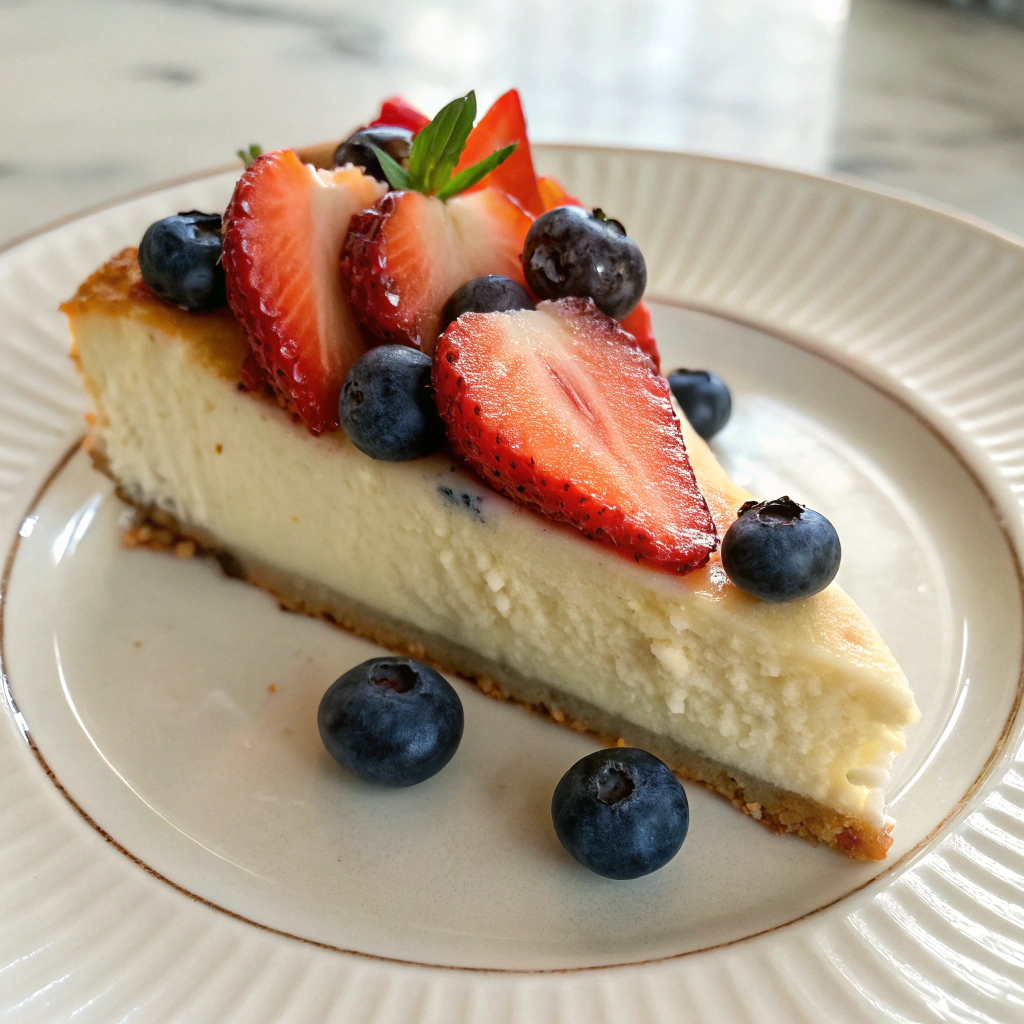 Slice of Italian ricotta cheesecake adorned with fresh fruit.Easy Italian Desserts