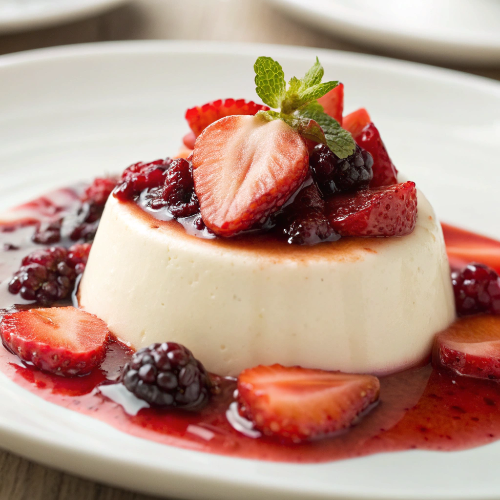 Creamy panna cotta "Easy Italian Desserts" topped with berry coulis and fresh strawberries.