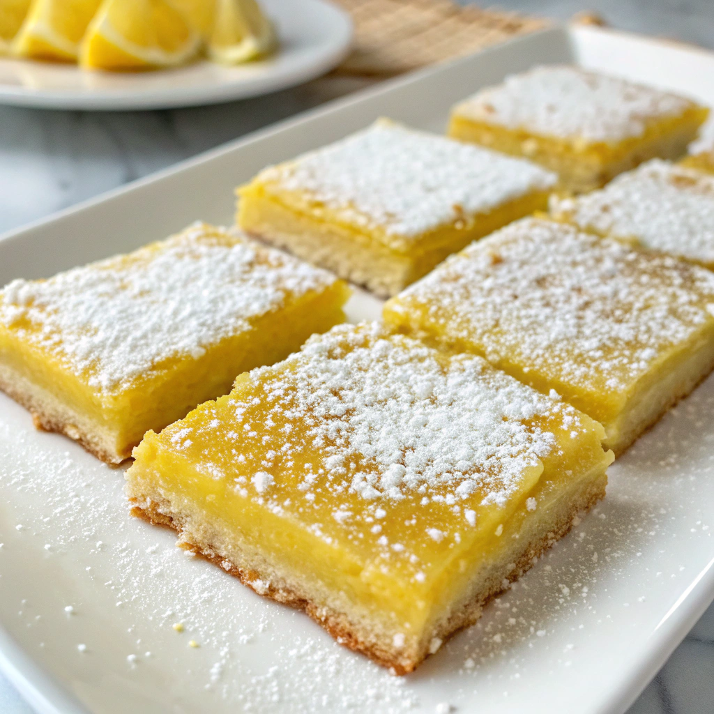 Sliced vegan lemon bars dusted with powdered sugar.