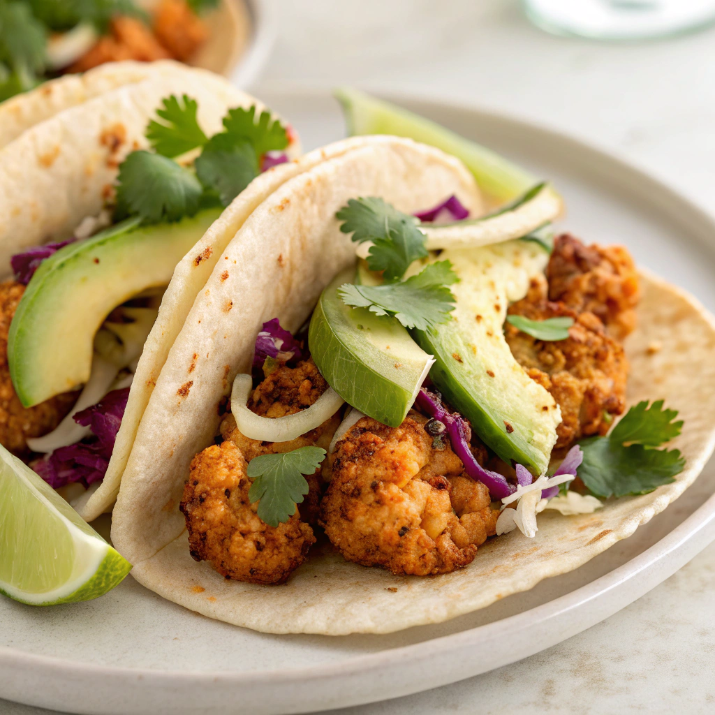 Spicy roasted cauliflower tacos topped with avocado and slaw.(Vegan Dinners)
