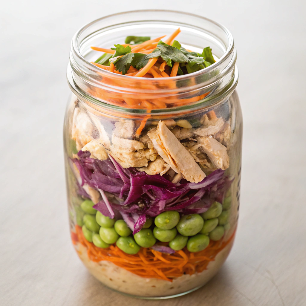Thai Peanut Chicken Salad Jar filled with shredded chicken, carrots, red cabbage, edamame, and mixed greens.