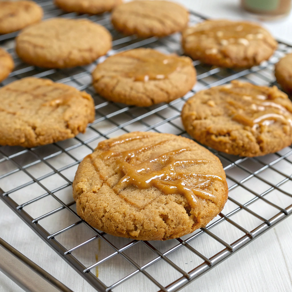 Baked flourless peanut butter cookies on a cooling rack